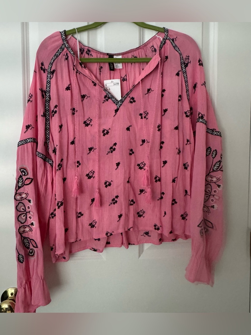 H&M Pink Embroidered Boho Peasant Blouse